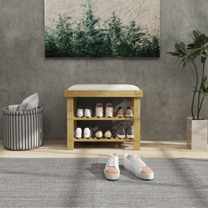 HOMCOM Schuhbank mit Sitzfläche, Bambus Sitzbank mit Stauraum, Schuhregal mit 2 offene Fächer, Sitzbank, Bank, Garderobenbank für Wohnzimmer, Flur, 60 x 29 x 49 cm Cremeweiß
