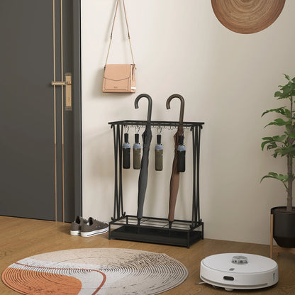 HOMCOM Regenschirmständer aus Stahl Rechteckiger Regenschirmhalter mit 24 Haken, 21 Öffnungen, Abnehmbarer Wassertropfschale für Gehstöcke & Regenschirme 50 x 24 x 68 cm Schwarz