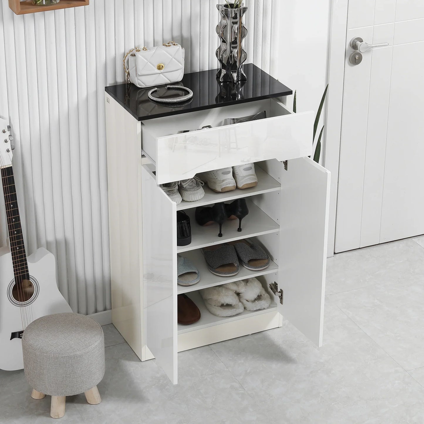 HOMCOM Slim Schuhschrank für bis zu 12 Paare Schuhe für Eingänge und Flure mit 3 verstellbaren Regalen und Schublade aus glänzendem Spanplattenwerkstoff, 60x32x100 cm