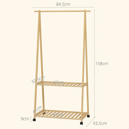 HOMCOM Bambus Kleiderständer mit Rollen, 2 offenen Regalen und 2 Haken, Garderobenständer für Eingangsbereich, Flur, Schlafzimmer 84,5x43,5x158 cm Natur