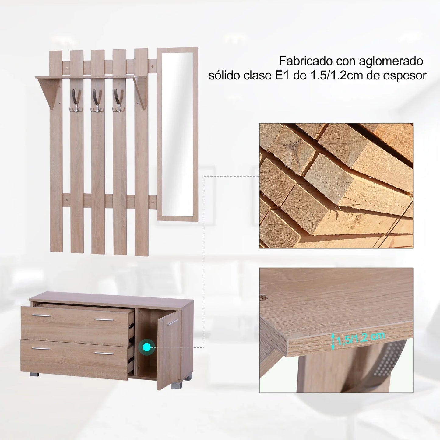 HOMCOM Flurset mit Spiegel, Garderobe und Schuhschrank – Eingangsmöbel mit 3 Haken, Ablage und 2 Schubladen für Flur Eiche