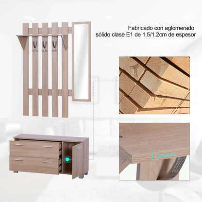 HOMCOM Flurset mit Spiegel, Garderobe und Schuhschrank – Eingangsmöbel mit 3 Haken, Ablage und 2 Schubladen für Flur Eiche