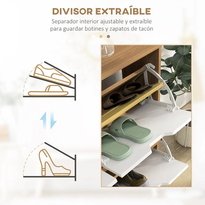 HOMCOM Schuhschrank mit 4 Klappen und verstellbaren Einlegeböden, Schuhaufbewahrungsschrank für 16 Paar Schuhe, schmales Schuhregal für den Eingangsbereich 95x26x95 cm Naturholz