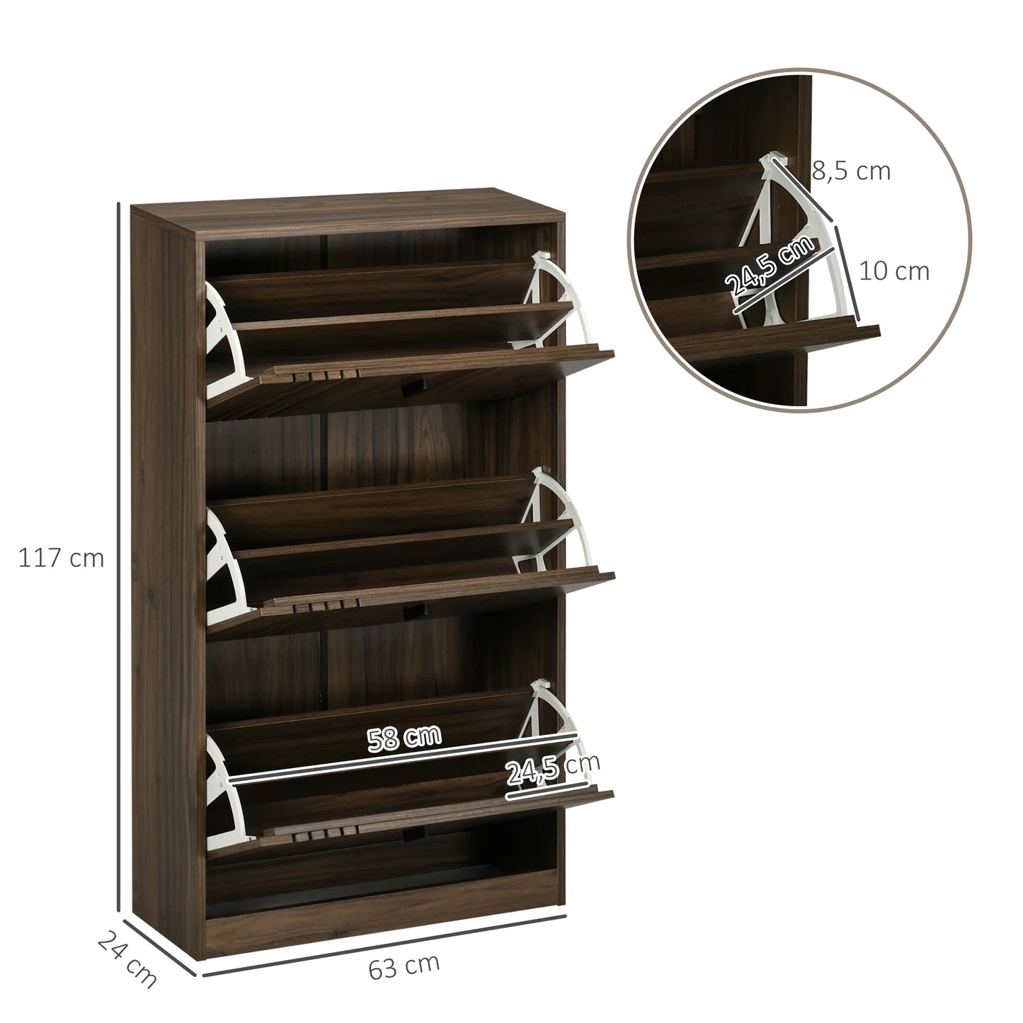 HOMCOM Schuhschrank mit 3 Klappen, für 18 Paare, 3 Fächer, große Kapazität für Eingangsbereich, Flur, Wohnzimmer, 63 x 24 x 117 cm, Dunkelwalnuss