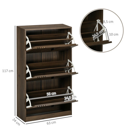 HOMCOM Schuhschrank mit 3 Klappen, für 18 Paare, 3 Fächer, große Kapazität für Eingangsbereich, Flur, Wohnzimmer, 63 x 24 x 117 cm, Dunkelwalnuss