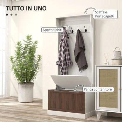 HOMCOM 3-in-1 Garderobenständer mit Schuhbank, platzsparender Standgarderobe mit 4 Haken und Ablagebank, MDF, für Flur, Schlafzimmer, 71,5x39,5x170 cm, Weiß und Braun