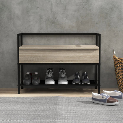 HOMCOM Schuhbank mit Klappdeckel und verstecktem Fach sowie unterer Gitterablage für 4 Paar Schuhe für Flur und Wohnzimmer 84x39,5x61 cm Eiche