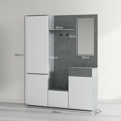 HOMCOM 4-in-1 Garderobenständer mit Spiegel, Haken und verstellbaren Innenregalen, multifunktionale Garderobenmöbel aus Holz mit Schublade, 145x29x184 cm, Grau und Weiß