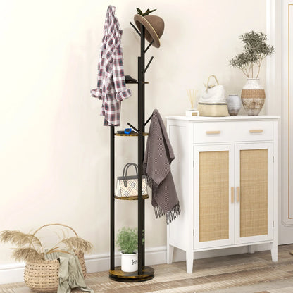 HOMCOM Drehbarer Freistehender Kleiderständer mit 8 Haken und 4 Regalen, Industrieller Kleiderständer für Eingangsbereich und Schlafzimmer, Ø30x175cm, Rustik Braun