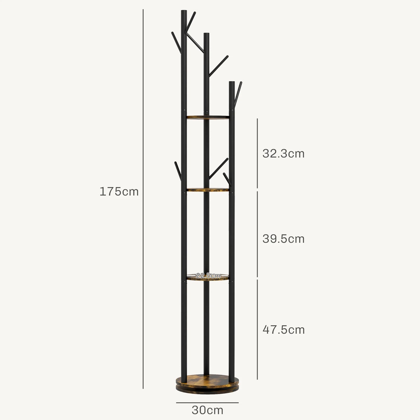 HOMCOM Drehbarer Freistehender Kleiderständer mit 8 Haken und 4 Regalen, Industrieller Kleiderständer für Eingangsbereich und Schlafzimmer, Ø30x175cm, Rustik Braun