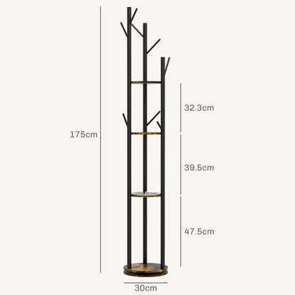 HOMCOM Drehbarer Freistehender Kleiderständer mit 8 Haken und 4 Regalen, Industrieller Kleiderständer für Eingangsbereich und Schlafzimmer, Ø30x175cm, Rustik Braun