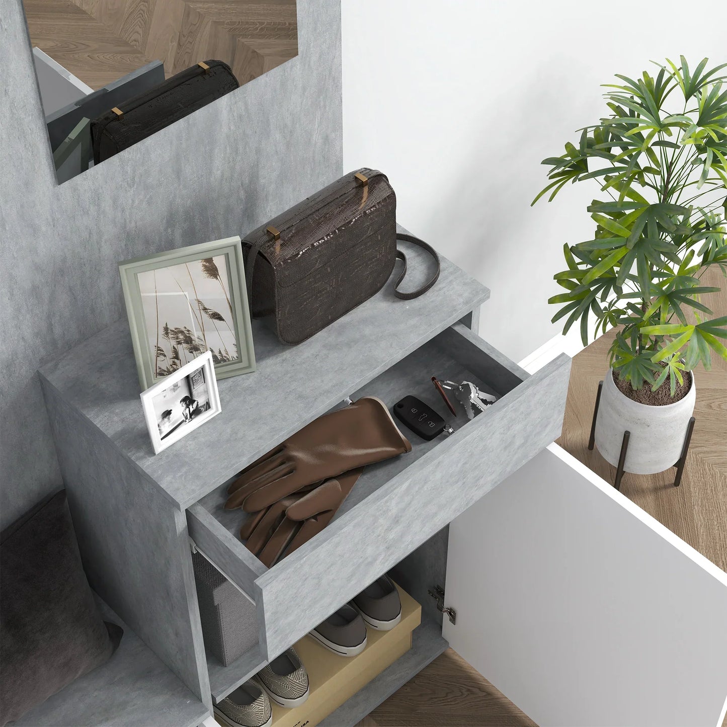 HOMCOM 4-in-1 Garderobenständer mit Spiegel, Haken und verstellbaren Innenregalen, multifunktionale Garderobenmöbel aus Holz mit Schublade, 145x29x184 cm, Grau und Weiß