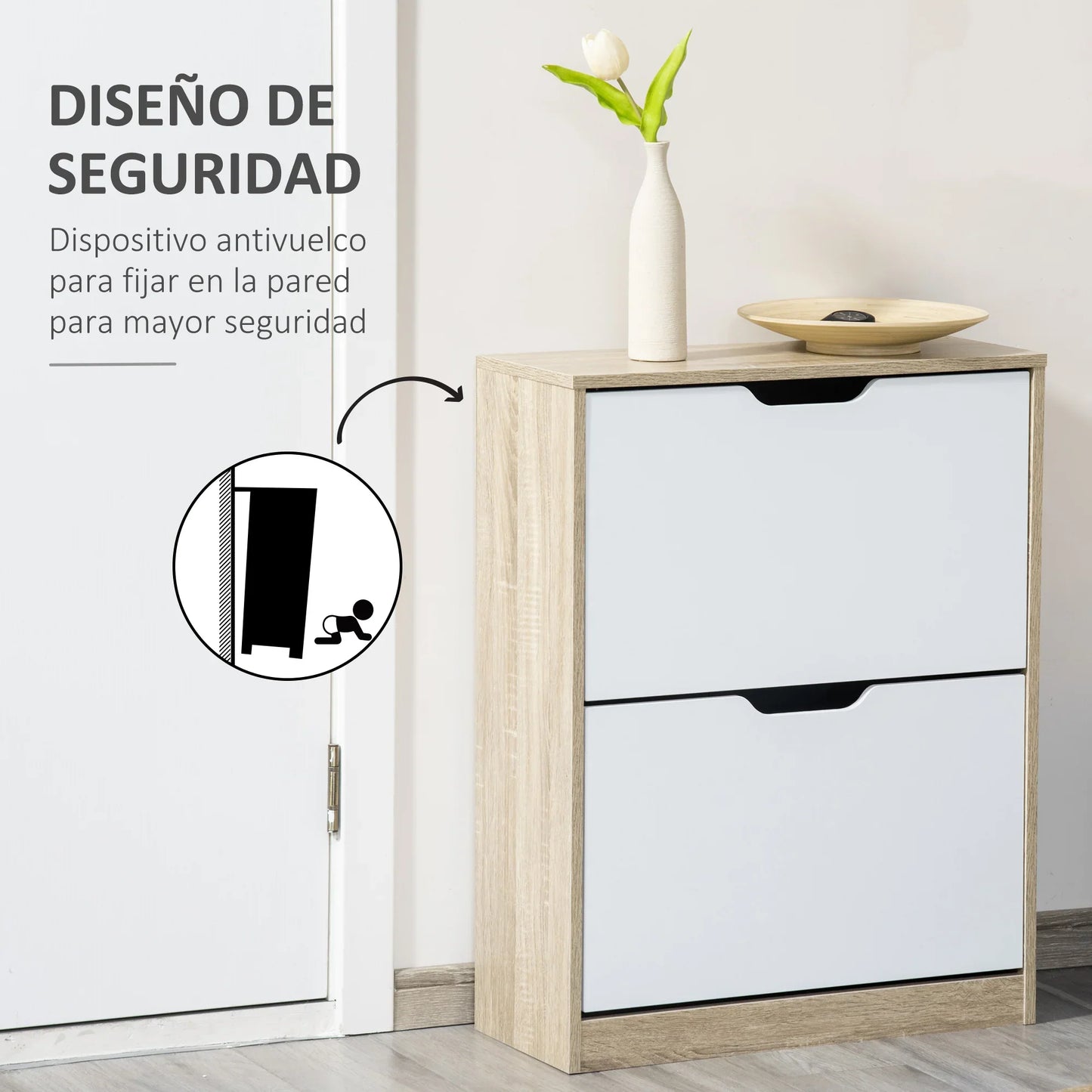 HOMCOM Schuhschrank aus Holz mit 2 Klapptüren und 4 Ablagefächern für 8 Paar Schuhe, für Flur, Diele, Schlafzimmer 62,5x26x81 cm, Weiß und Natur