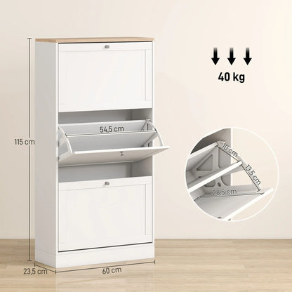 HOMCOM Schlanker Schuhschrank mit 3 Kipptüren – Schuhaufbewahrung für den Eingangsbereich mit verstellbaren Einlegeböden für 18 Paar Schuhe für schmale Flure 60x23,5x115 cm Weiß