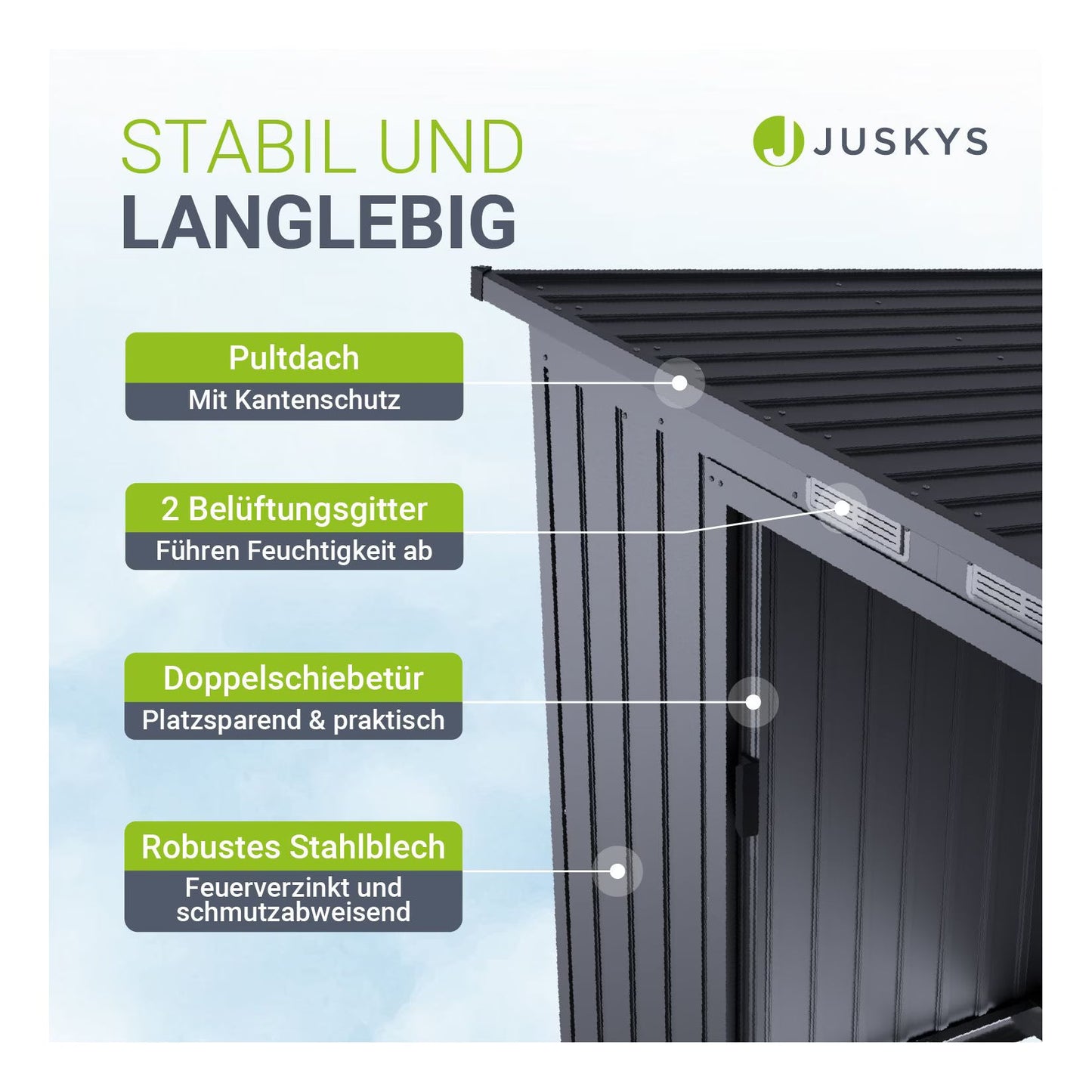 Juskys Gerätehaus Metall – Dunkelgrau, wetterfest mit Fundamentrahmen, Schiebetür & abschließbar - für Garten & Aufbewahrung