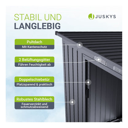 Juskys Gerätehaus Metall – Dunkelgrau, wetterfest mit Fundamentrahmen, Schiebetür & abschließbar - für Garten & Aufbewahrung