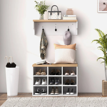 HOMCOM Garderobenständer und Schuhbank 2 in 1 Eingangsbereich Möbel mit 3 Haken und Regalen für 9 Paar Schuhe 75x30x50 cm und 75x20x22,5 cm Weiß