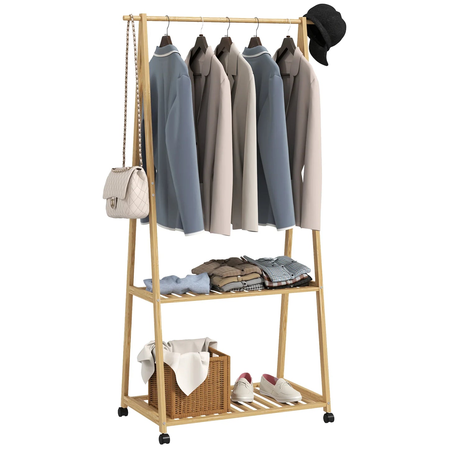 HOMCOM Bambus Kleiderständer mit Rollen, 2 offenen Regalen und 2 Haken, Garderobenständer für Eingangsbereich, Flur, Schlafzimmer 84,5x43,5x158 cm Natur