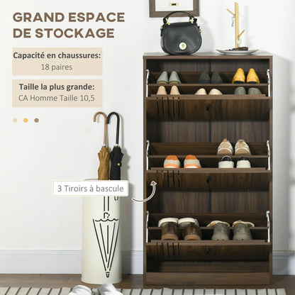 HOMCOM Schuhschrank mit 3 Klappen, für 18 Paare, 3 Fächer, große Kapazität für Eingangsbereich, Flur, Wohnzimmer, 63 x 24 x 117 cm, Dunkelwalnuss