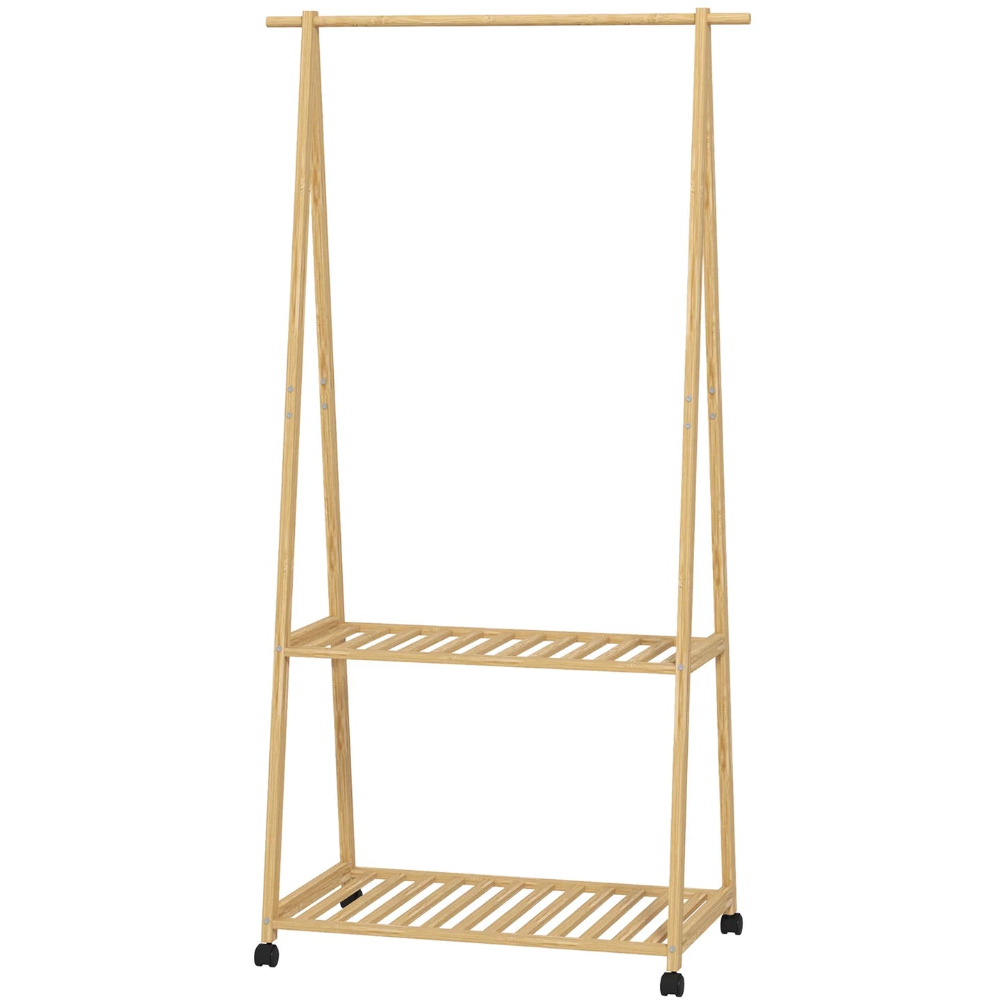 HOMCOM Bambus Kleiderständer mit Rollen, 2 offenen Regalen und 2 Haken, Garderobenständer für Eingangsbereich, Flur, Schlafzimmer 84,5x43,5x158 cm Natur