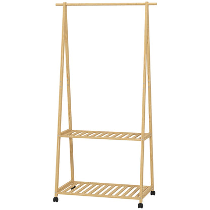HOMCOM Bambus Kleiderständer mit Rollen, 2 offenen Regalen und 2 Haken, Garderobenständer für Eingangsbereich, Flur, Schlafzimmer 84,5x43,5x158 cm Natur