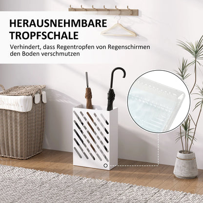 HOMCOM Regenschirmständer mit 4 Haken und herausnehmbarer Tropfschale - Regenschirmhalter für Gehstöcke & Regenschirme, Stahl 28 x 14 x 41 cm Weiß