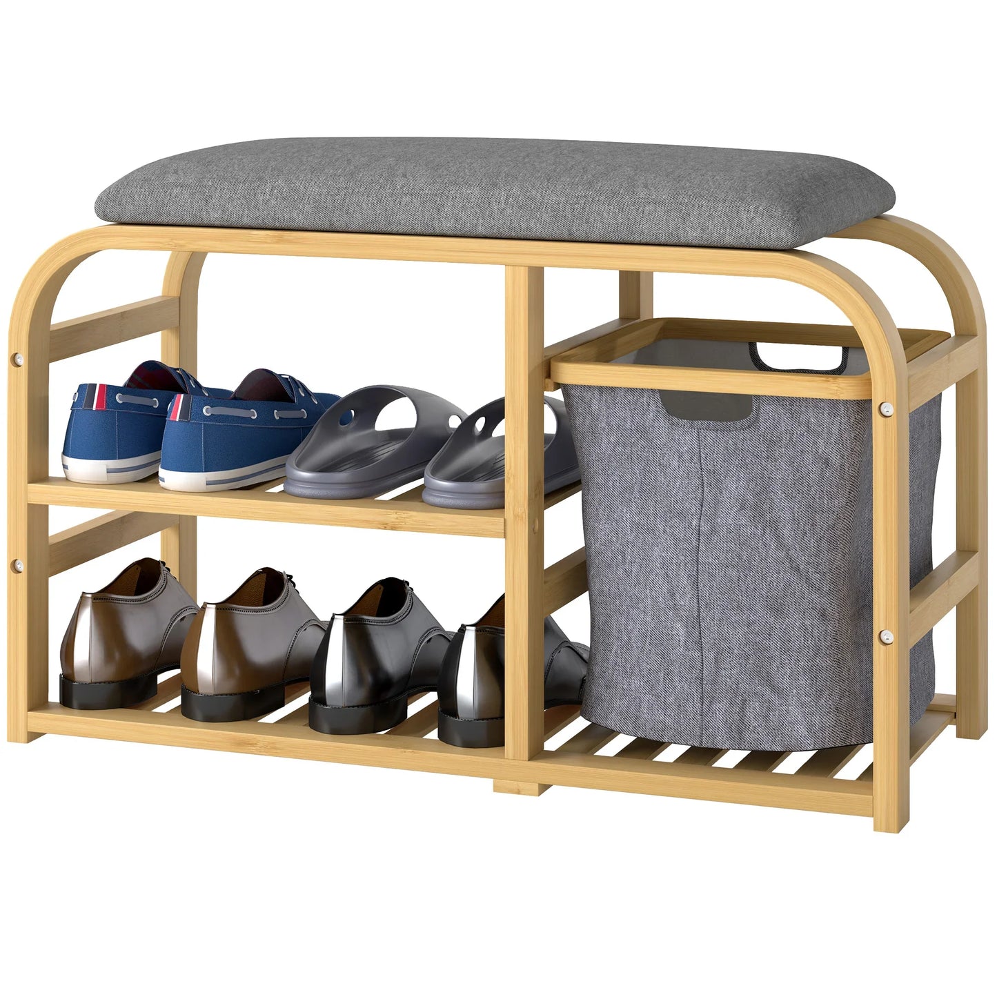 HOMCOM Schuhbank aus Bambus mit gepolsterter Sitzfläche, 2 Lattenregalen und schiebendem Stoffkorb, Flurbank für Flur, Schlafzimmer, 70x30x45cm, Naturholz