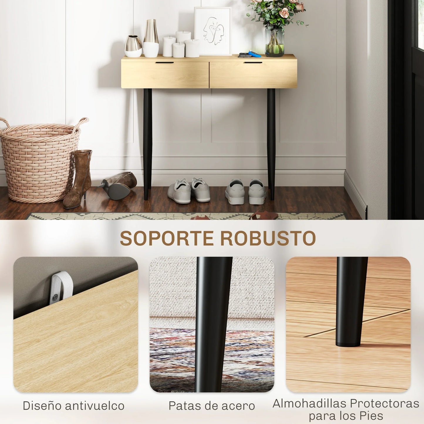 HOMCOM Console Table for Hallway with 2 Drawers and Steel Legs, 100x30x80.5 cm, Oak