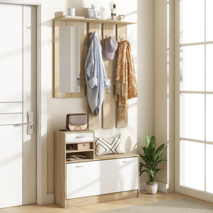HOMCOM Flur-Organizer mit Spiegel, Garderobe und Schuhschrank – 2-teiliges Möbelset für den Eingangsbereich mit 6 Haken, Regalen und Klappschublade für einen natürlichen Flur