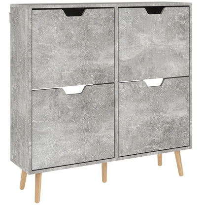 HOMCOM Shoe Cabinet for Entrance with 4 Flip-Down Doors on 2 Tiers for 16 Pairs of Shoes, Space-Saving Shoe Organizer with Adjustable Shelves Made of Particleboard and Pine Wood, 95x26x95 cm, Grey
