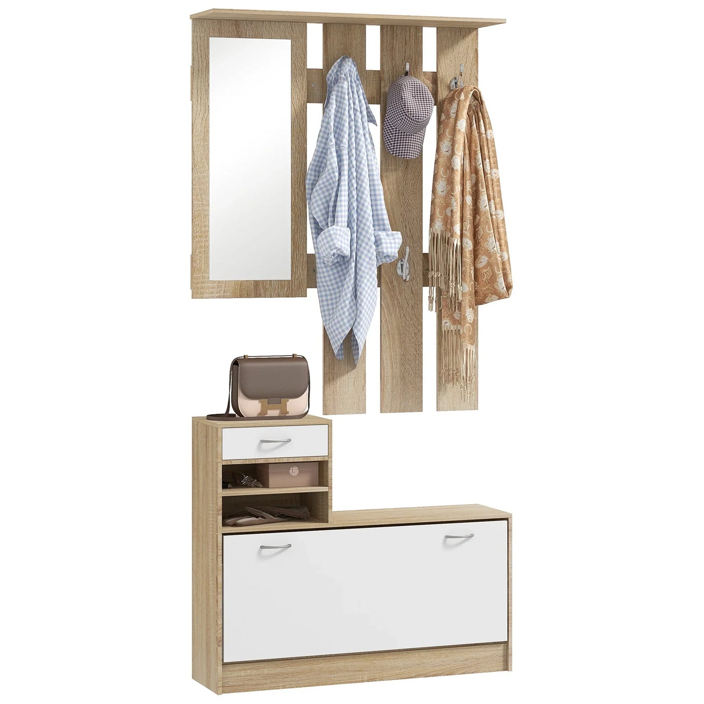 HOMCOM Flur-Organizer mit Spiegel, Garderobe und Schuhschrank – 2-teiliges Möbelset für den Eingangsbereich mit 6 Haken, Regalen und Klappschublade für einen natürlichen Flur