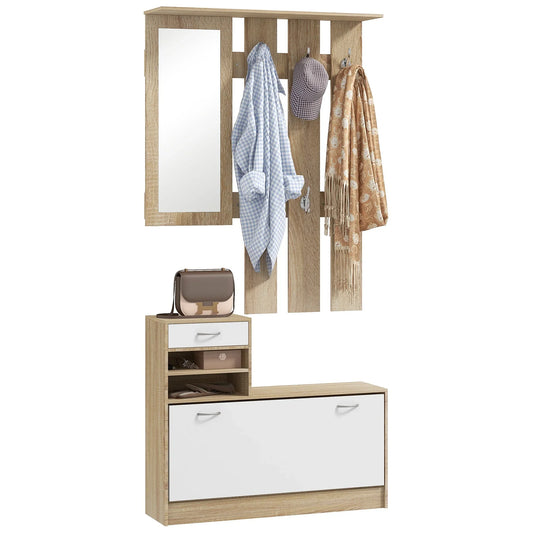 HOMCOM Flur-Organizer mit Spiegel, Garderobe und Schuhschrank – 2-teiliges Möbelset für den Eingangsbereich mit 6 Haken, Regalen und Klappschublade für einen natürlichen Flur