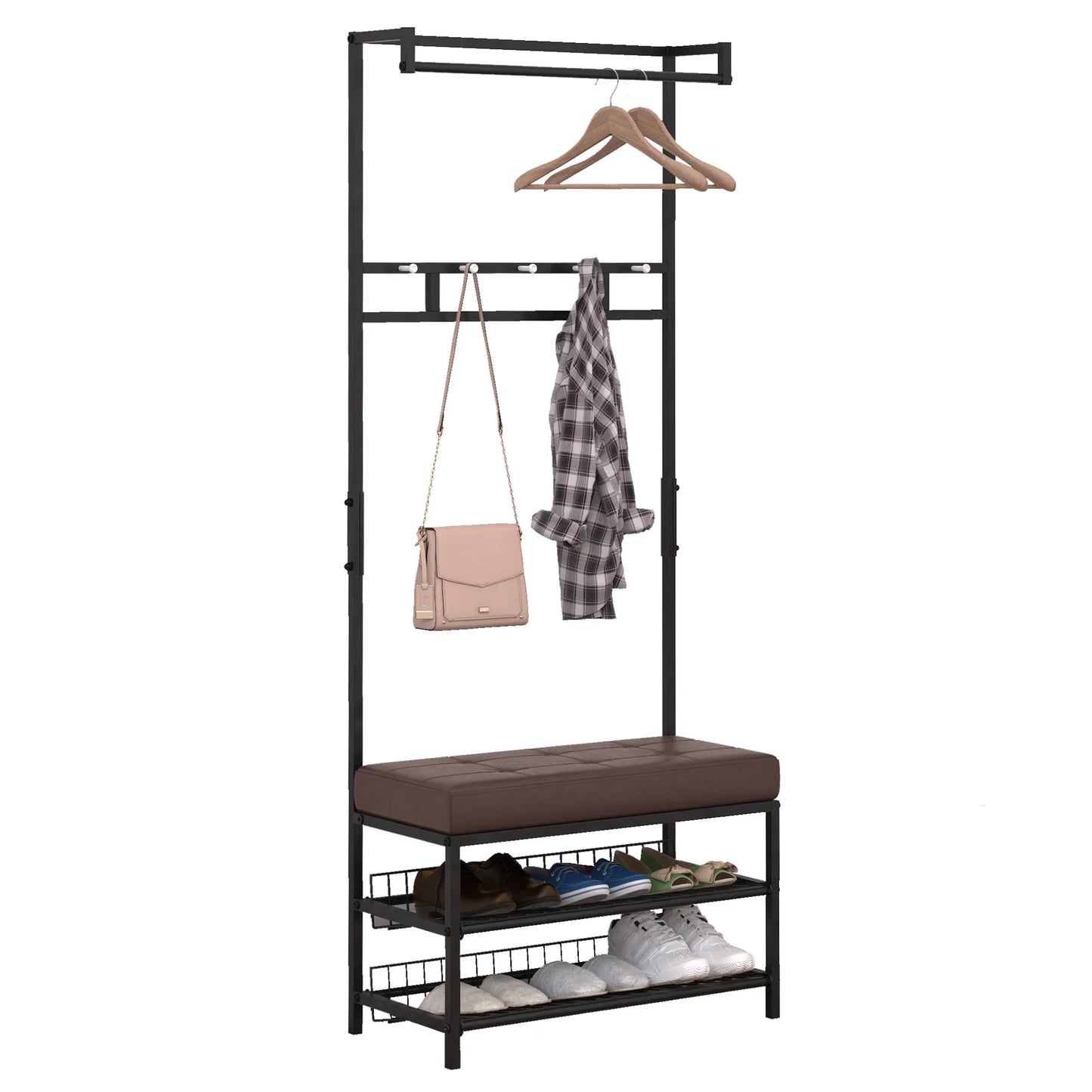 HOMCOM Garderobenständer mit 5 Haken und Schuhbank mit 2 Ebenen, Metallkleiderständer für Flur, Schlafzimmer, 72,5 x 35 x 180 cm