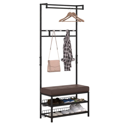 HOMCOM Garderobenständer mit 5 Haken und Schuhbank mit 2 Ebenen, Metallkleiderständer für Flur, Schlafzimmer, 72,5 x 35 x 180 cm