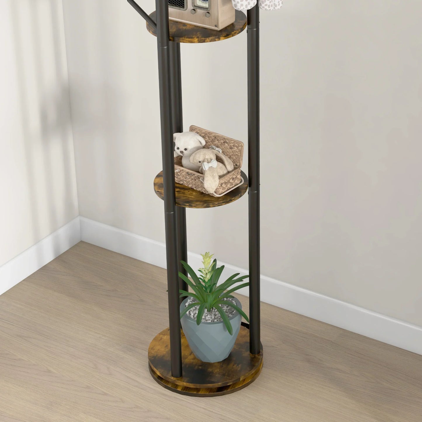 HOMCOM Drehbarer Freistehender Kleiderständer mit 8 Haken und 4 Regalen, Industrieller Kleiderständer für Eingangsbereich und Schlafzimmer, Ø30x175cm, Rustik Braun
