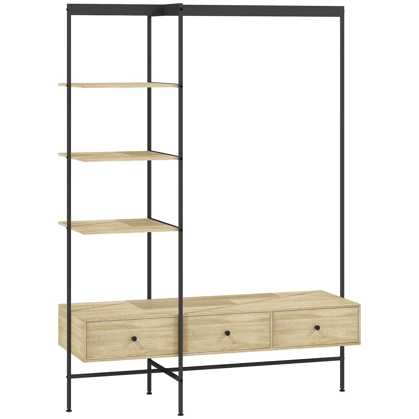 HOMCOM 4-in-1 Freistehender Garderobenständer mit Ablagen, Schubladen & Kleiderstange – Eiche-Optik, Metallgestell, Kippschutz (H 180 cm)