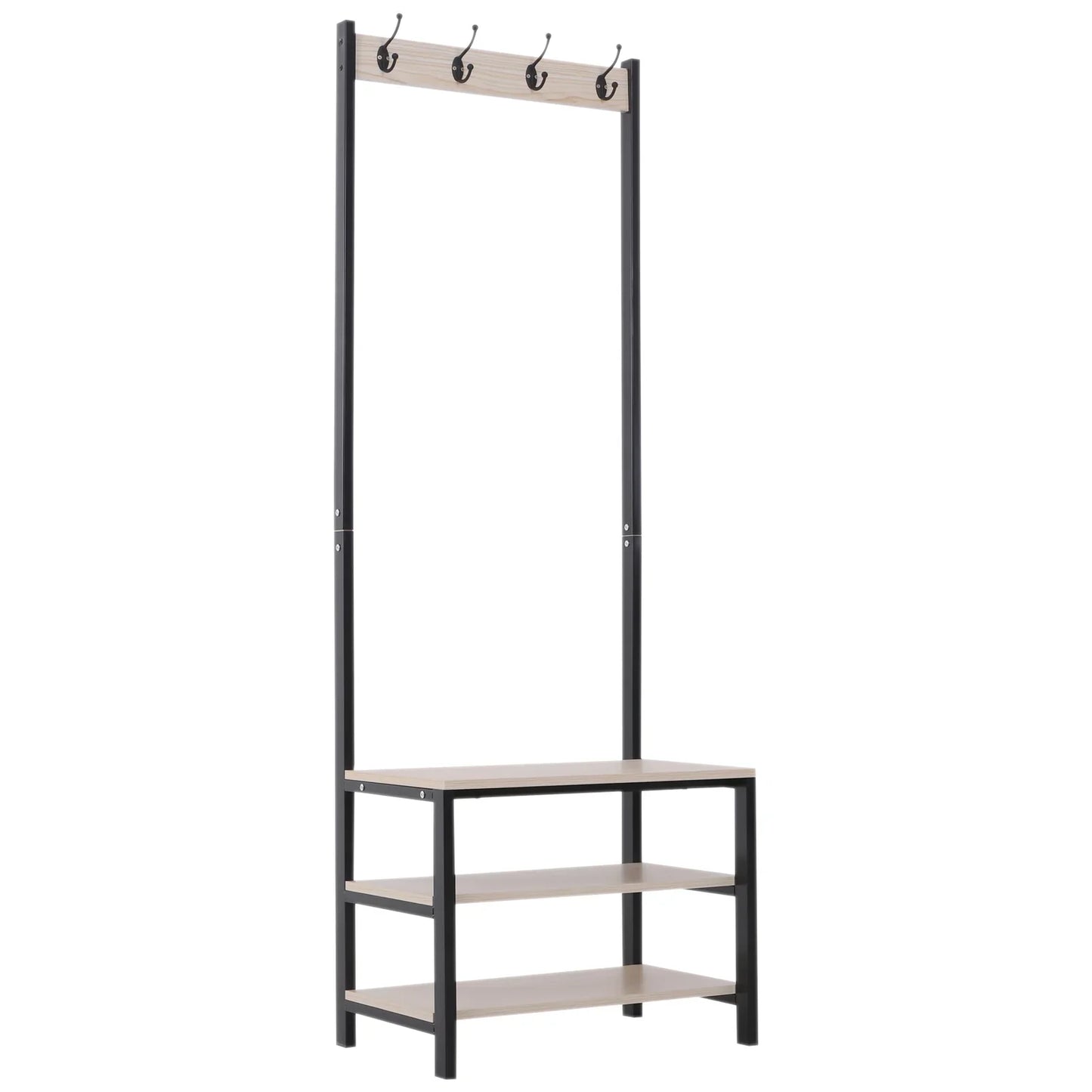 HOMCOM Coat Rack with Bench and Metal Shoe Rack with 3 Shelves and 4 Hooks for Hanging Clothes for Hallway/Entrance 60x40x175 cm Black and Natural