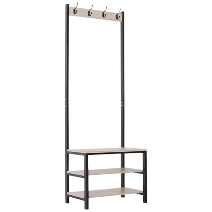 HOMCOM Coat Rack with Bench and Metal Shoe Rack with 3 Shelves and 4 Hooks for Hanging Clothes for Hallway/Entrance 60x40x175 cm Black and Natural