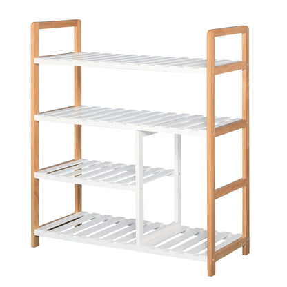 HOMCOM Schuhregal mit 4 Ebenen für bis zu 11 Paar Schuhe und Stiefelfach aus massivem Kiefernholz, 68x26x78 cm, Weiß