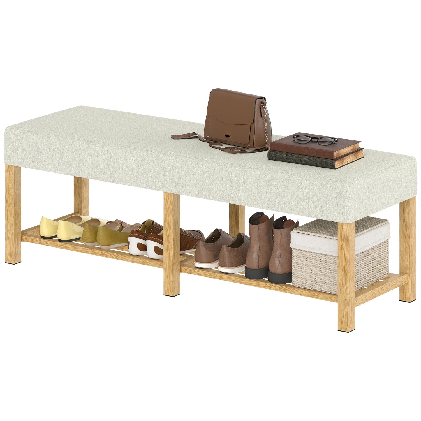 HOMCOM Schuhbank — Moderner Flurbank mit gepolstertem Sitz für 2 Personen, offene Schuhablage, Kautschukbaumholz, für Flur, Diele, Wohnzimmer, 140 x 44 x 48 cm, Creme & Naturholz