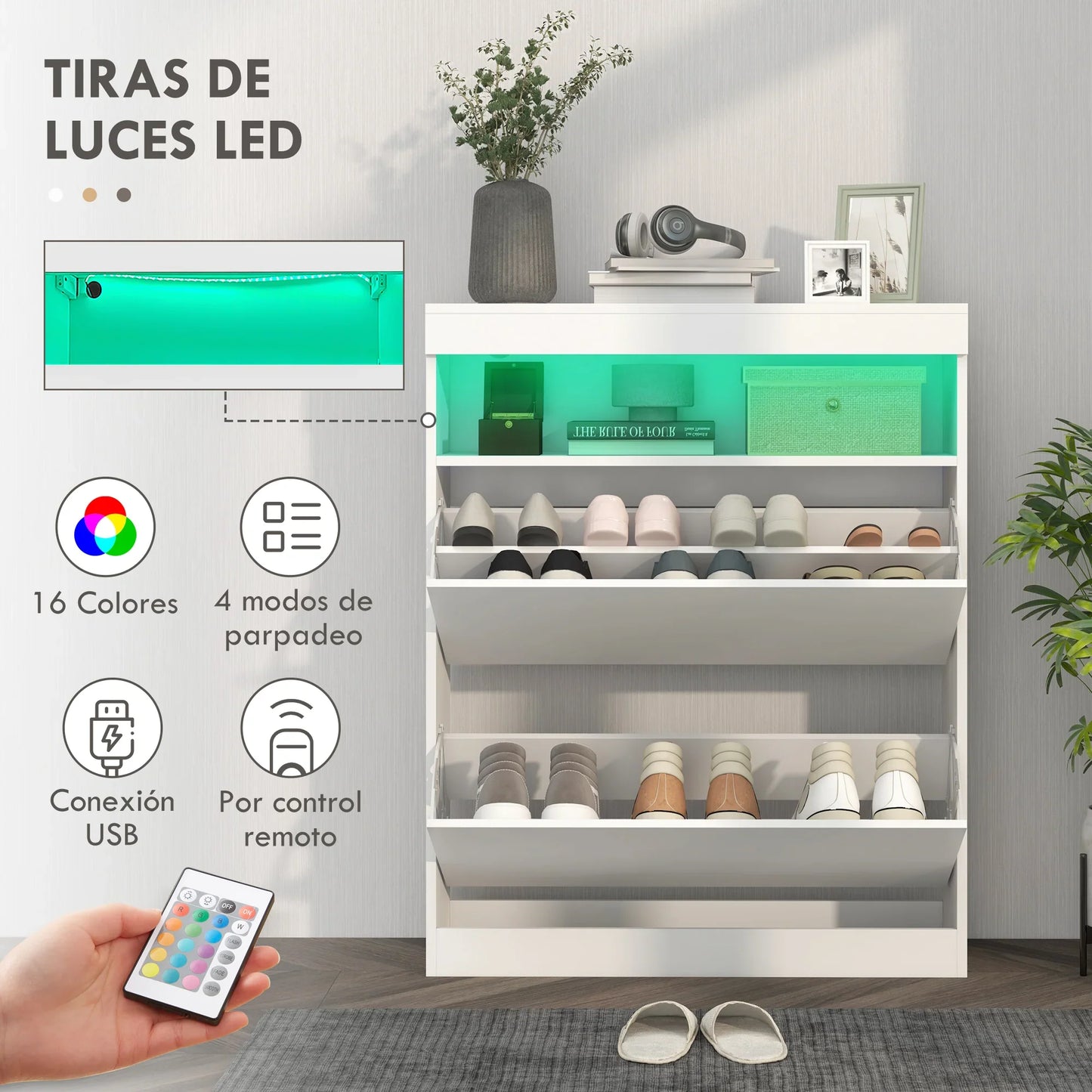 HOMCOM Shoe Cabinet for Entrance Area, Wall-Mounted or Free-Standing with LED Lights, Open Shelf and 2 Tilt-Out Drawers for 12-16 Pairs of Shoes, 80x24x99.5 cm, Light White