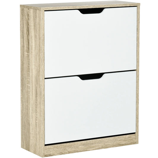 HOMCOM Schuhschrank aus Holz mit 2 Klapptüren und 4 Ablagefächern für 8 Paar Schuhe, für Flur, Diele, Schlafzimmer 62,5x26x81 cm, Weiß und Natur