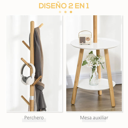 HOMCOM 2-in-1 Bambus-Kleiderständer mit 2 Ablagen und 5 Haken für Kleidung und Taschen, Aluminiumrahmen für Eingangsbereich und Schlafzimmer, 39,5x39,5x171 cm Natur