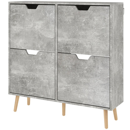 HOMCOM Shoe Cabinet for Entrance with 4 Flip-Down Doors on 2 Tiers for 16 Pairs of Shoes, Space-Saving Shoe Organizer with Adjustable Shelves Made of Particleboard and Pine Wood, 95x26x95 cm, Grey