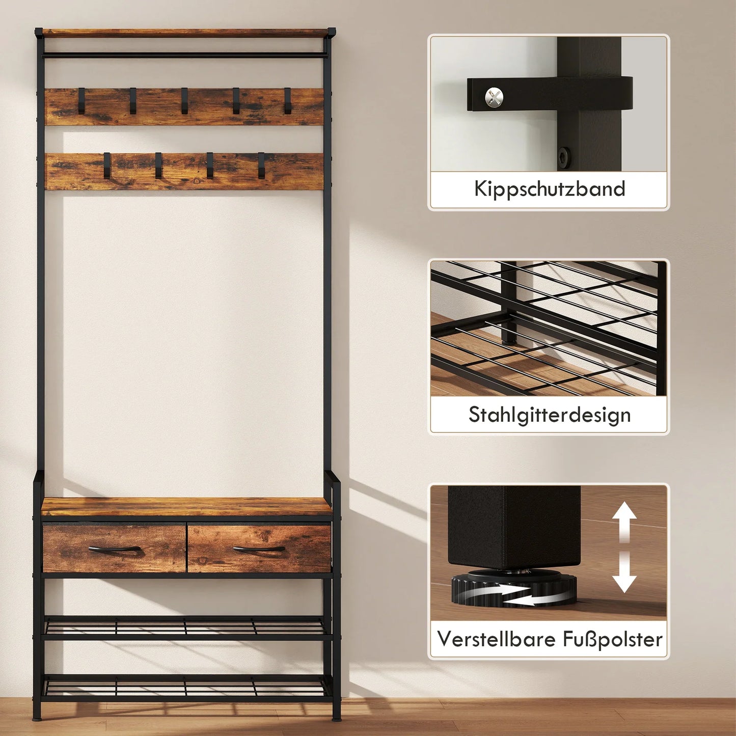 HOMCOM 5-in-1 Garderobenbaum mit Sitzbank & Organizer, Industrielles Stahlgestell, Rustikalbraun