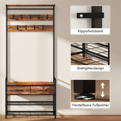 HOMCOM 5-in-1 Garderobenbaum mit Sitzbank & Organizer, Industrielles Stahlgestell, Rustikalbraun