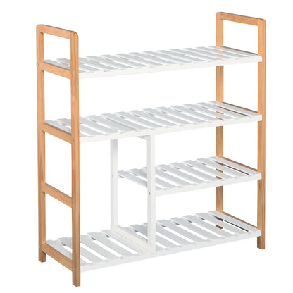 HOMCOM Schuhregal mit 4 Ebenen für bis zu 11 Paar Schuhe und Stiefelfach aus massivem Kiefernholz, 68x26x78 cm, Weiß