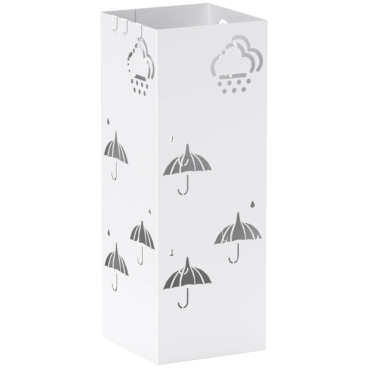 HOMCOM Regenschirmständer aus Stahl mit 4 Haken und abnehmbarem Tropfbehälter – Weißer Regenschirmhalter für Flur und Büro 15,5x15,5x41 cm