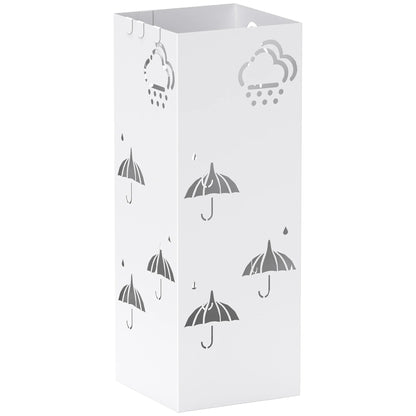 HOMCOM Regenschirmständer aus Stahl mit 4 Haken und abnehmbarem Tropfbehälter – Weißer Regenschirmhalter für Flur und Büro 15,5x15,5x41 cm