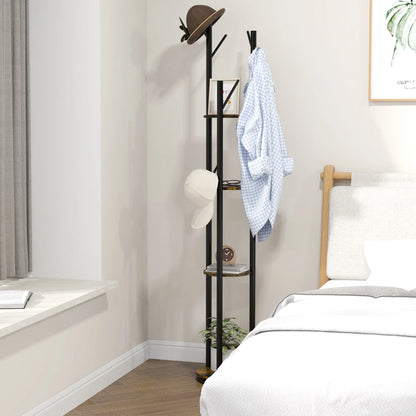 HOMCOM Drehbarer Freistehender Kleiderständer mit 8 Haken und 4 Regalen, Industrieller Kleiderständer für Eingangsbereich und Schlafzimmer, Ø30x175cm, Rustik Braun